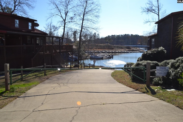 exterior space with a water view