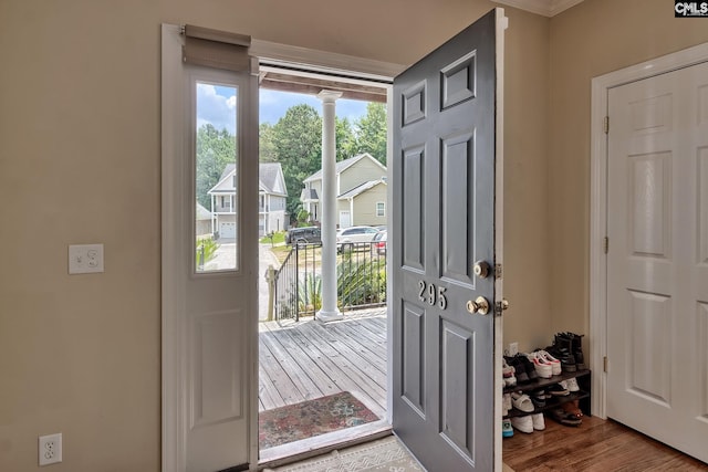 doorway to outside featuring hardwood / wood-style flooring and plenty of natural light