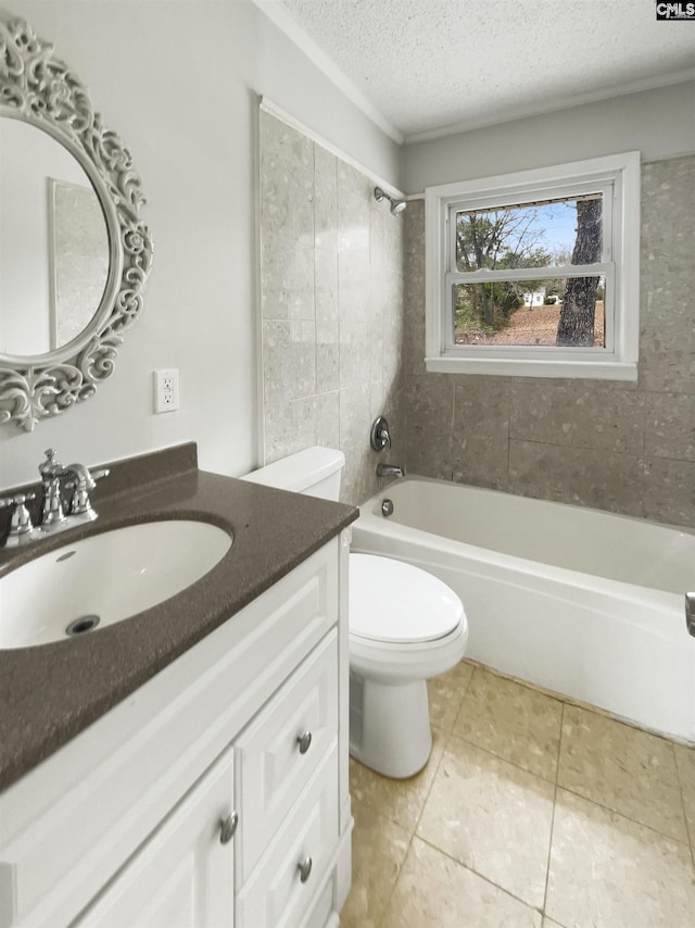 full bathroom featuring toilet, tile patterned floors, bathtub / shower combination, a textured ceiling, and vanity