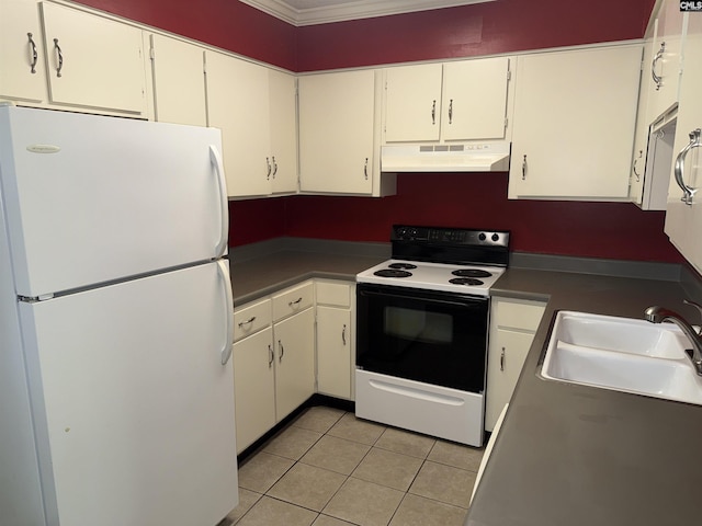 kitchen featuring light tile patterned flooring, white cabinetry, sink, white refrigerator, and electric range