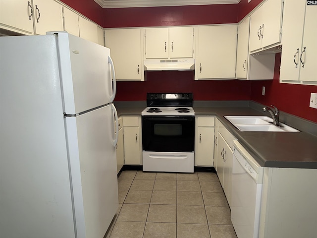 kitchen featuring sink, light tile patterned floors, white cabinets, and white appliances