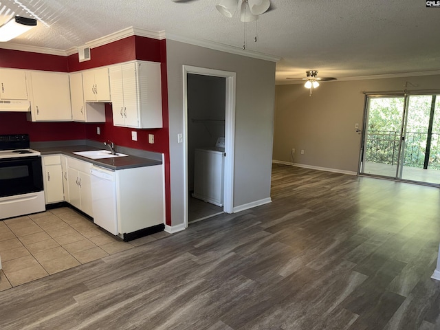 kitchen with sink, ornamental molding, white dishwasher, electric stove, and white cabinets