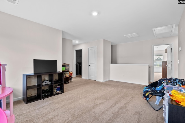 game room featuring light colored carpet