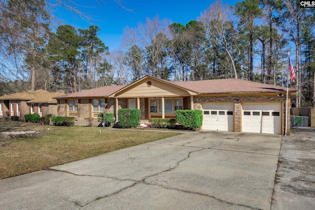 single story home featuring a front yard and a garage