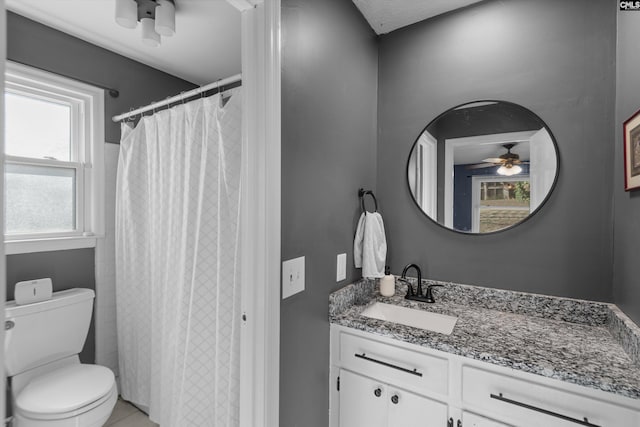 bathroom with ceiling fan, vanity, and toilet