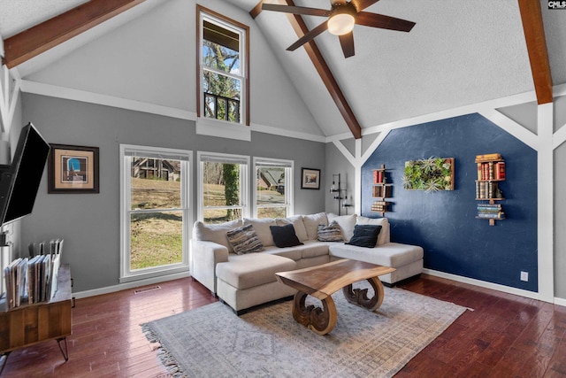 living room featuring beam ceiling, ceiling fan, high vaulted ceiling, and wood-type flooring