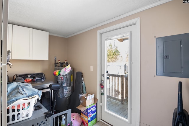 entryway featuring ornamental molding, washer / dryer, electric panel, and a textured ceiling