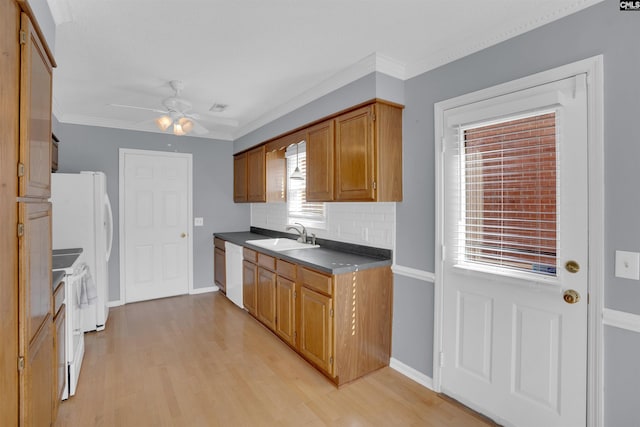 kitchen featuring light wood-type flooring, ceiling fan, decorative backsplash, ornamental molding, and sink