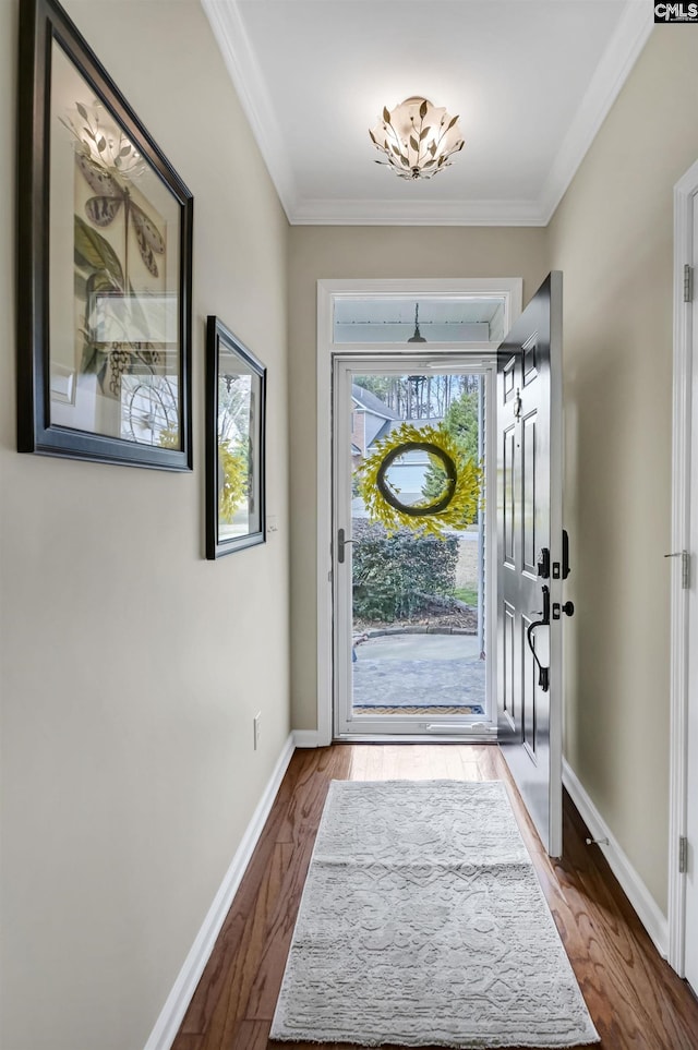 entrance foyer with hardwood / wood-style flooring and crown molding