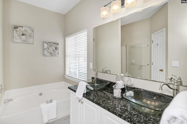 bathroom featuring vanity and plus walk in shower