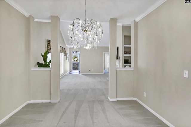 hall featuring ornamental molding, light carpet, and an inviting chandelier