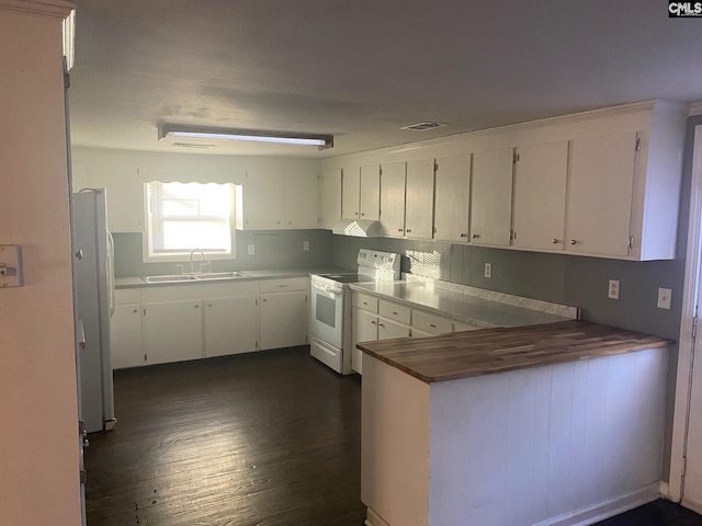 kitchen with white appliances, dark hardwood / wood-style flooring, sink, white cabinetry, and kitchen peninsula