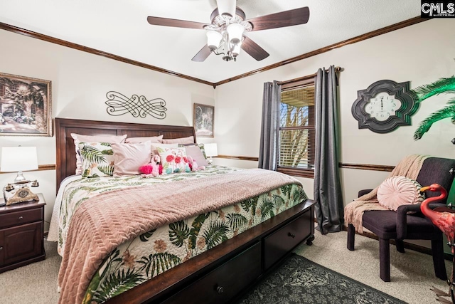 bedroom featuring light carpet, crown molding, and ceiling fan