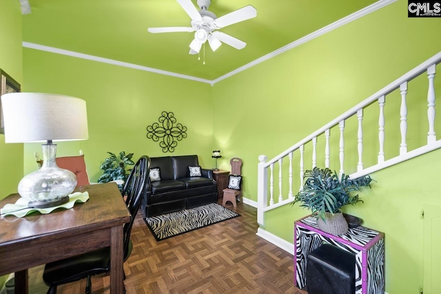 living room featuring ceiling fan, ornamental molding, and dark parquet floors