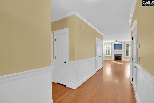 hall featuring light hardwood / wood-style flooring and crown molding