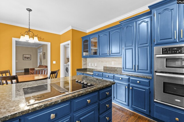 345 Amstar Rd, Columbia, SC 29212 - kitchen with blue cabinetry, washer / clothes dryer, dark wood finished floors, double oven, and black electric stovetop
