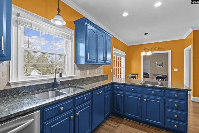 345 Amstar Rd, Columbia, SC 29212 - kitchen with a sink, a peninsula, crown molding, dishwasher, and dark wood-style flooring