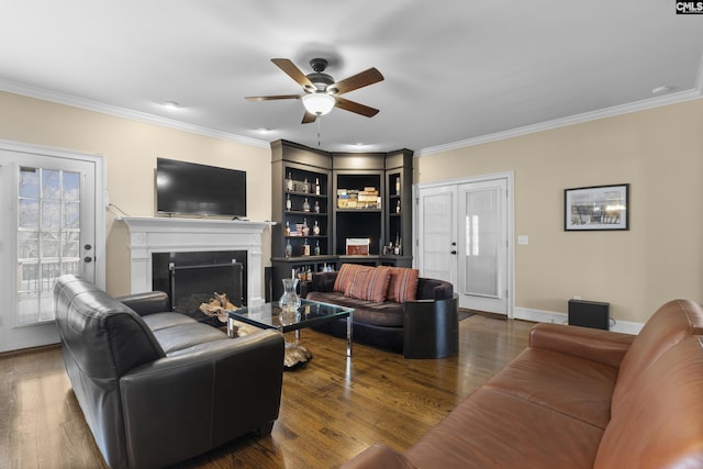 345 Amstar Rd, Columbia, SC 29212 - living area with a ceiling fan, a fireplace, ornamental molding, wood finished floors, and baseboards
