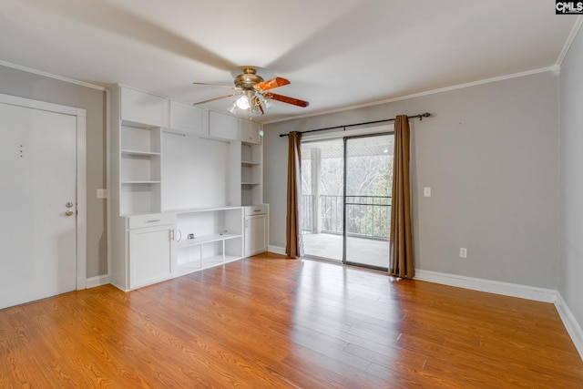 unfurnished living room with light wood-style flooring, baseboards, ceiling fan, and ornamental molding