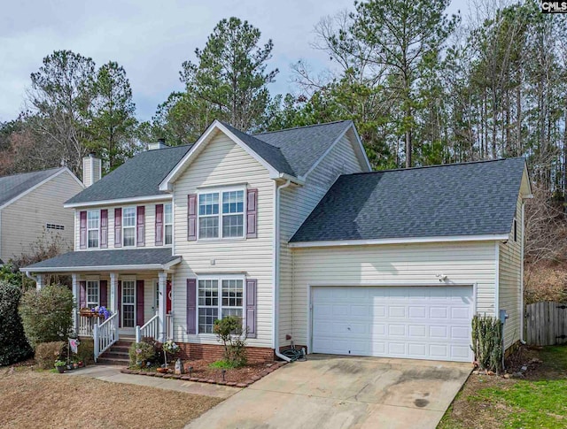 view of front facade featuring a shingled roof, covered porch, driveway, and a garage