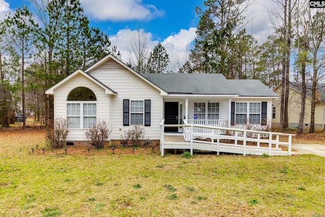 single story home with crawl space, roof with shingles, and a front yard