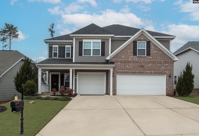 traditional-style home featuring brick siding, board and batten siding, a garage, driveway, and a front lawn