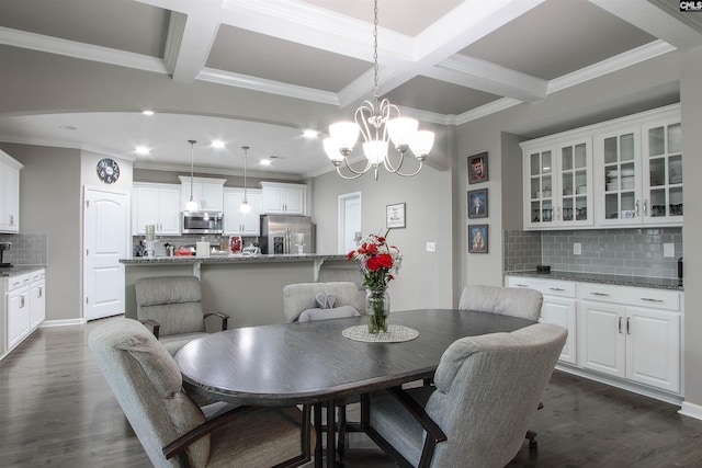 dining space with dark wood-style floors, beamed ceiling, coffered ceiling, and crown molding