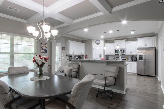 dining area featuring visible vents, coffered ceiling, ornamental molding, beamed ceiling, and wood finished floors