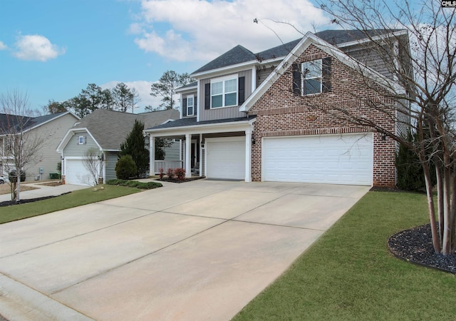 view of front facade with brick siding, a porch, concrete driveway, an attached garage, and a front lawn