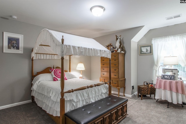 bedroom with baseboards, visible vents, vaulted ceiling, and carpet flooring