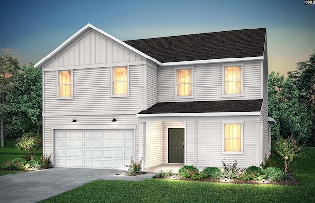 view of front of house featuring driveway, an attached garage, board and batten siding, and roof with shingles