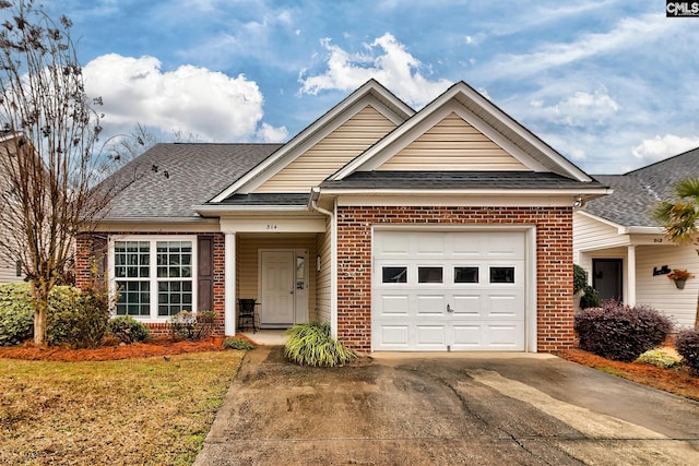 view of front of house featuring an attached garage, brick siding, concrete driveway, roof with shingles, and a front lawn