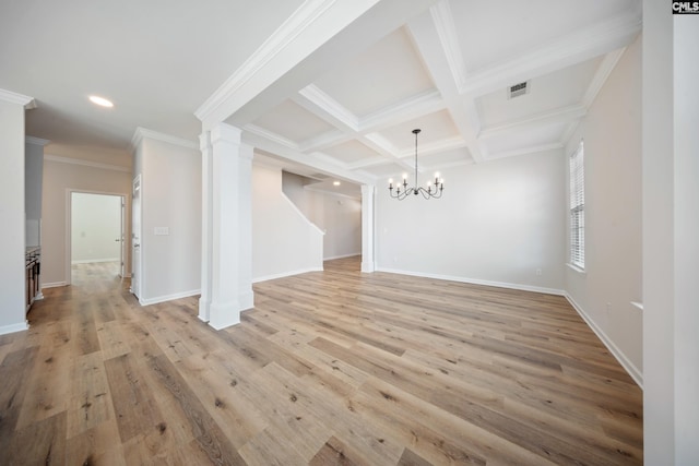 interior space featuring visible vents, coffered ceiling, light wood-style flooring, beamed ceiling, and a notable chandelier