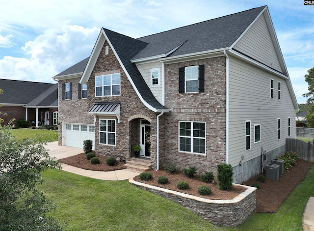 view of front of property with a garage, a front yard, concrete driveway, and brick siding