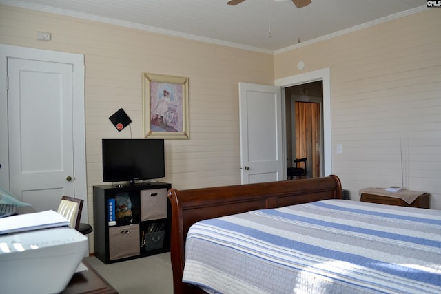 bedroom featuring ceiling fan and crown molding