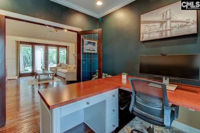 office with recessed lighting, crown molding, and wood finished floors