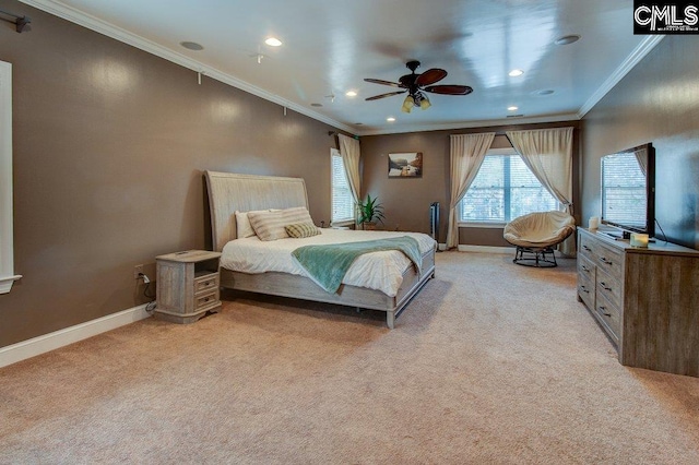 bedroom with recessed lighting, light colored carpet, crown molding, and baseboards