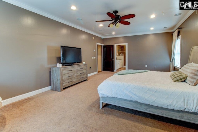 bedroom with light carpet, recessed lighting, baseboards, and ornamental molding