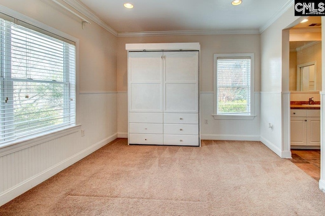 unfurnished bedroom featuring light colored carpet, a wainscoted wall, crown molding, a sink, and recessed lighting