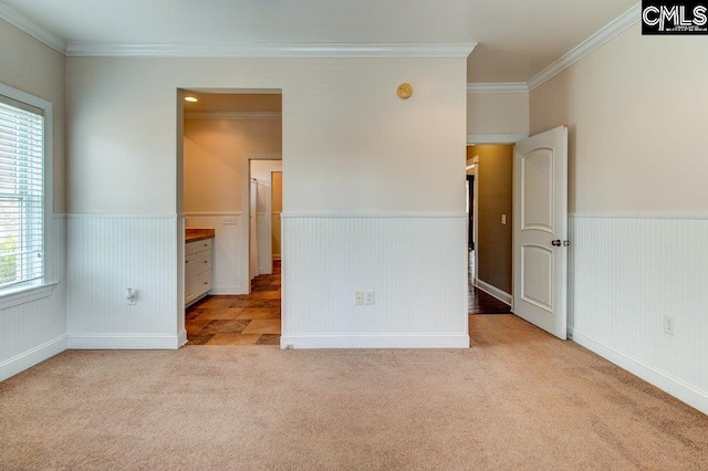 unfurnished bedroom featuring a wainscoted wall, ornamental molding, and light colored carpet