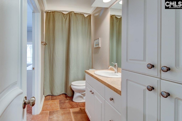 full bath featuring stone finish flooring, vanity, and toilet