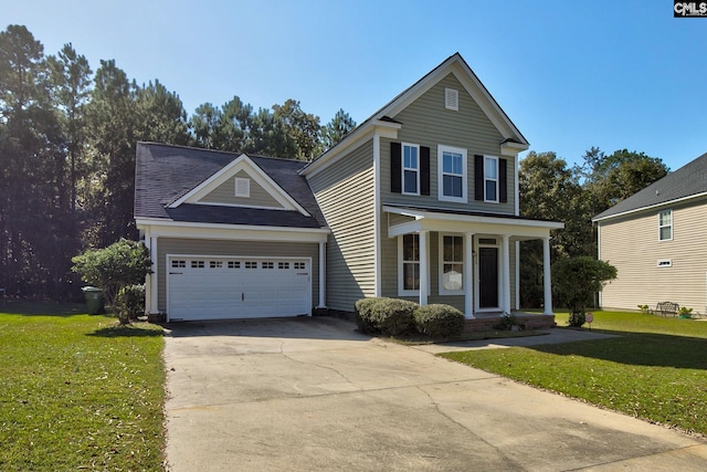 traditional home featuring a front yard, driveway, and an attached garage