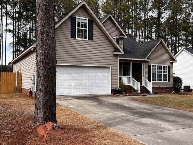 traditional-style home with driveway, central AC unit, roof with shingles, crawl space, and fence