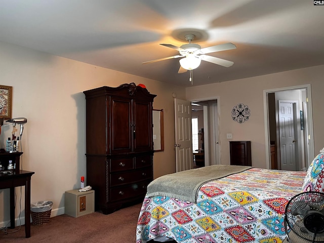 bedroom featuring carpet, ceiling fan, and baseboards