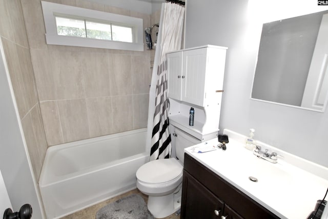 bathroom featuring toilet, shower / bath combo, and vanity