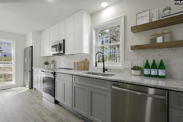 kitchen featuring open shelves, appliances with stainless steel finishes, white cabinets, a sink, and light stone countertops