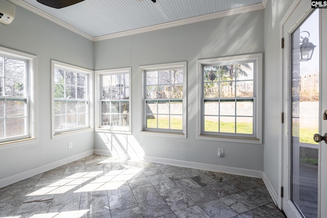 unfurnished sunroom featuring a wall mounted AC