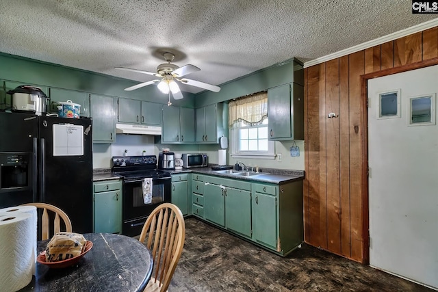 kitchen with a textured ceiling, under cabinet range hood, a ceiling fan, black appliances, and dark countertops