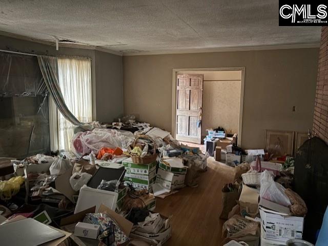 miscellaneous room with ornamental molding, a textured ceiling, and wood finished floors