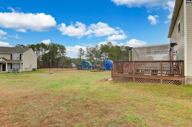 view of yard with fence and a deck